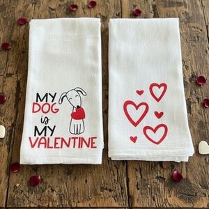 Valentine Dog Tea Towel Set of 2, Cotton Kitchen Towels, Farmhouse Valentine Kit